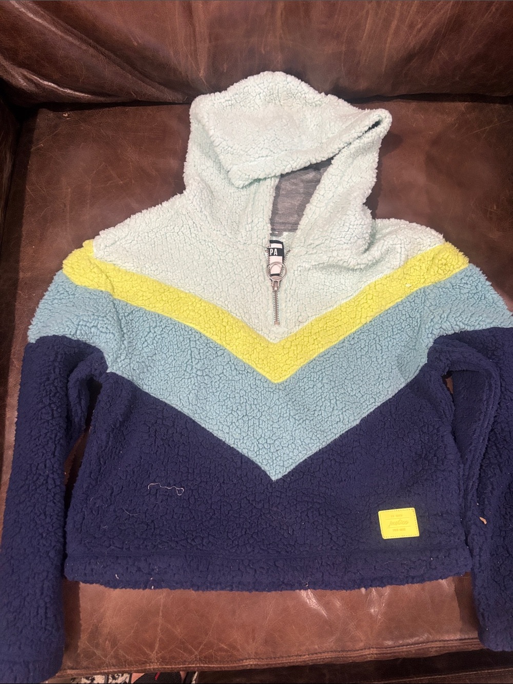 Justice Girls Colorblock Sherpa Hoodie in Light Mint, Yellow, Teal & Navy